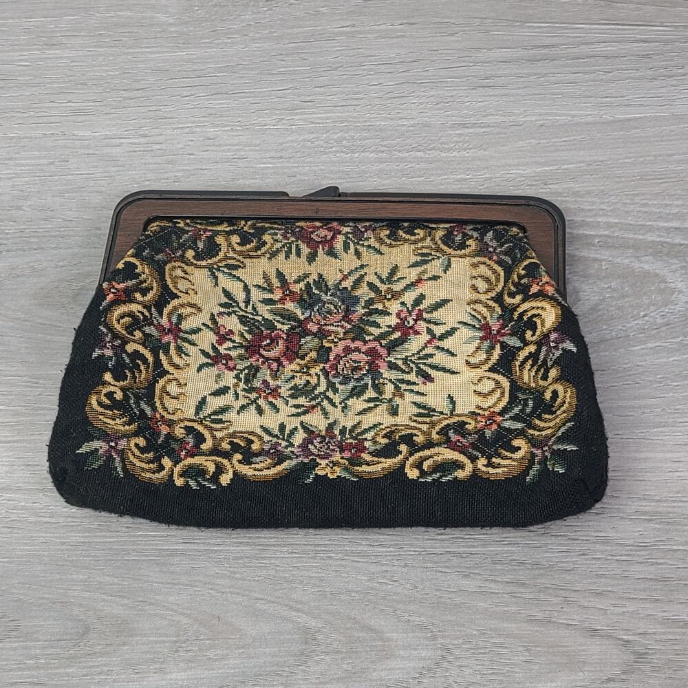 Vintage Tapestry Embroidered Clutch Black Floral Rose Kiss Closure